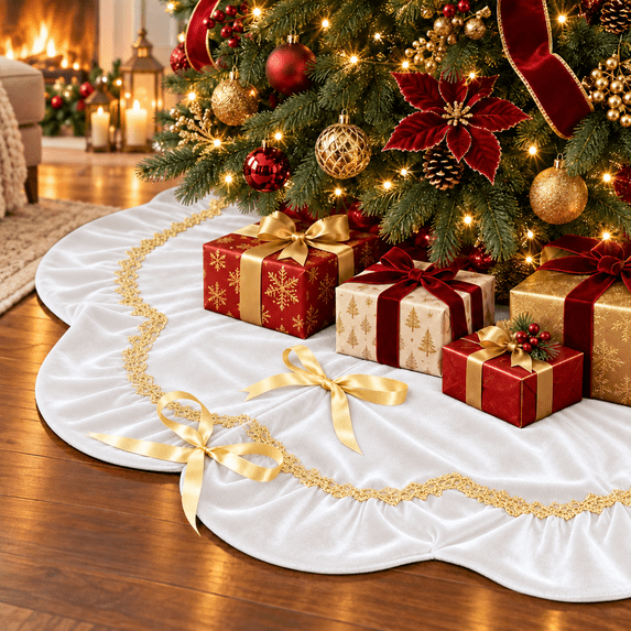 Lomyolo 48Inch Christmas Tree Skirt - Luxury Velvet with Sparkling Gold Lace Trim, Scalloped Edge Xmas Tree Skirt for Merry Christmas Party Gift Holiday Home Decor - White