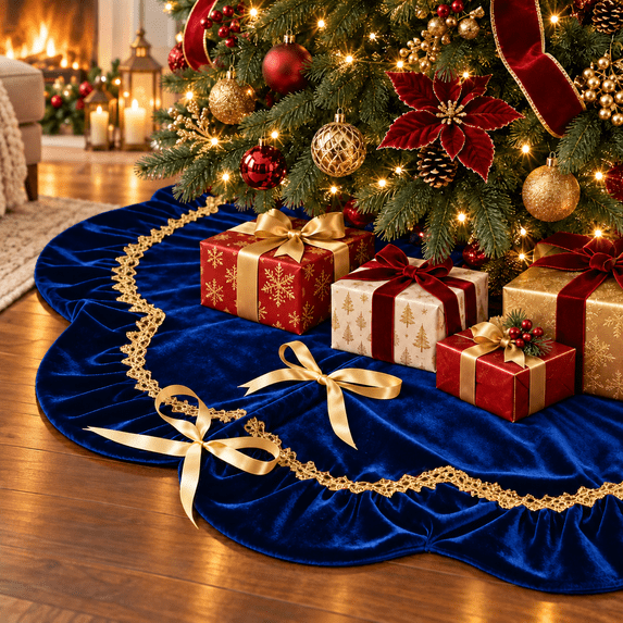 Lomyolo 48Inch Christmas Tree Skirt - Luxury Velvet with Sparkling Gold Lace Trim, Scalloped Edge Xmas Tree Skirt for Merry Christmas Party Gift Holiday Home Decor - Navy Blue