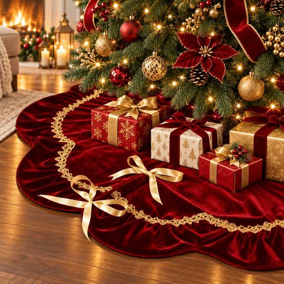 Lomyolo 48Inch Christmas Tree Skirt - Luxury Velvet with Sparkling Gold Lace Trim, Scalloped Edge Xmas Tree Skirt for Merry Christmas Party Gift Holiday Home Decor - Red