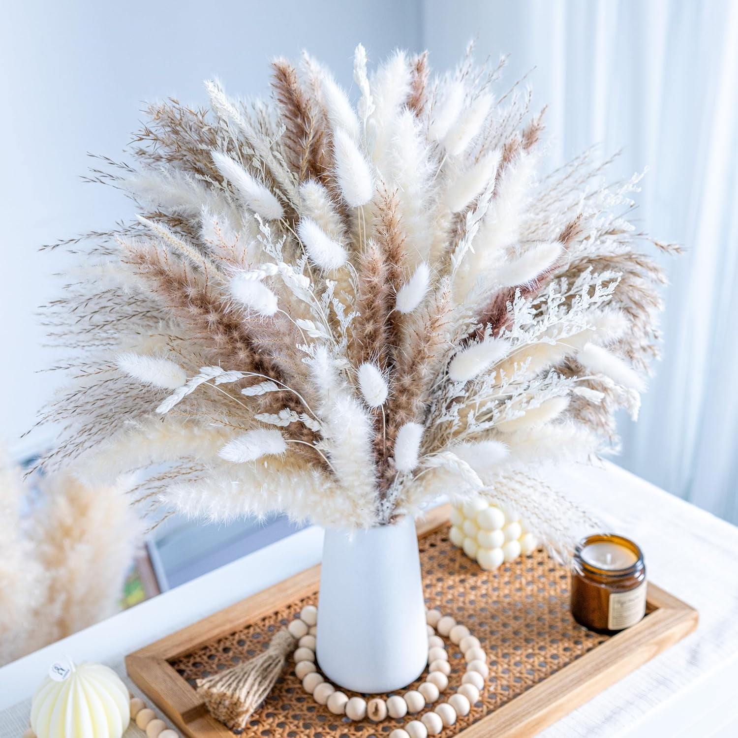 Lomyolo 92PCS Natural Dried Pampas Grass Bouquet,Boho Home Decor Bouquet, Phragmites Dried Flowers,Bouquet for Wedding Floral Arrangements Home Decorations