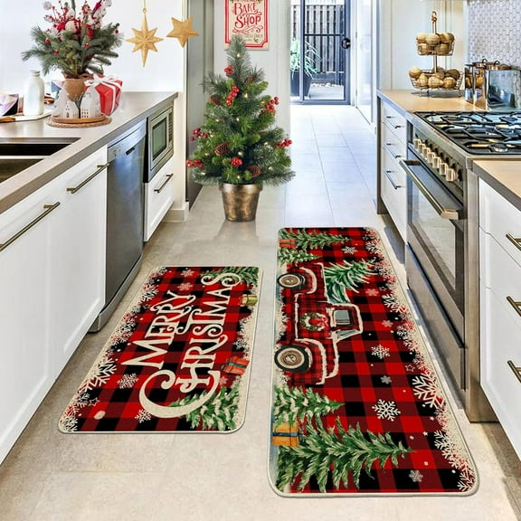 Lomyolo Christmas Decoration Christmas Kitchen Rugs and Mats Runner Winter Holiday Kitchen Rug Seasonal Low-Profile Non Slip Kitchen Floor Mat Xmas Decor 2 Set 16''x24''+16''x47'' Santa Snow
