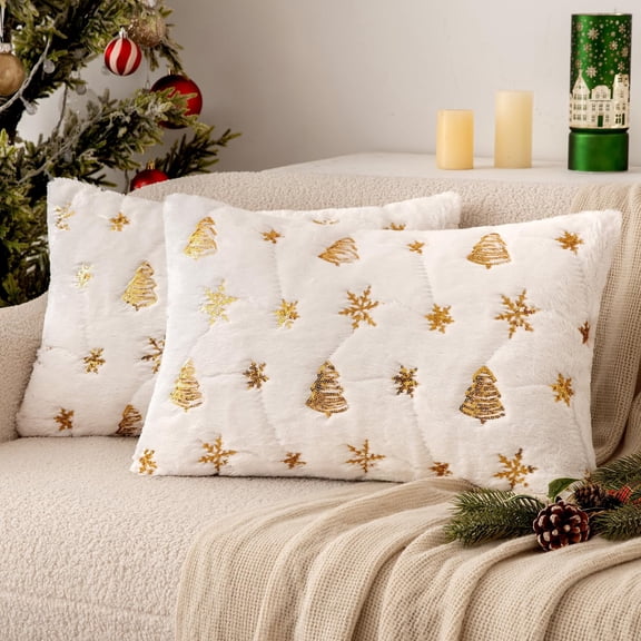 Lomyolo Christmas Tree Glitter Snowflake Pillow Covers Set of 2 –12x20 Soft Faux Fuzzy Embroidered Pillow Cases Farmhouse Festive Christmas Holiday Decor Throw Cushions for Home Winter Decoration
