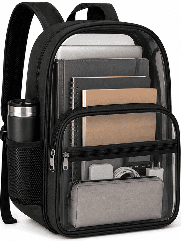 Clear Backpack for School, Transparent Bookbag with Reinforced Straps & 400D Oxford Fabric, Large Capacity Heavy Duty Clear Backpack for Travel, Security, Work, College, Men & Women- Black