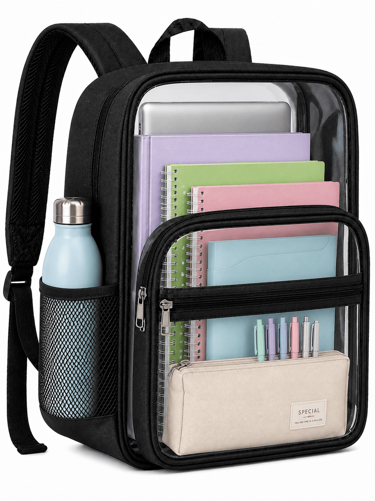 Lomyolo Clear Backpack for School, Transparent Bookbag with Reinforced Straps & 400D Oxford Fabric, Large Capacity Heavy Duty Clear Backpack for Travel, Security, Work, College, Men & Women- Black