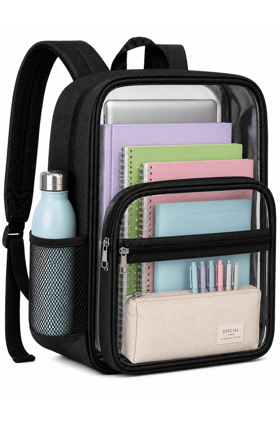Clear Backpack for School, Transparent Bookbag with Reinforced Straps & 400D Oxford Fabric, Large Capacity Heavy Duty Clear Backpack for Travel, Security, Work, College, Men & Women- Black