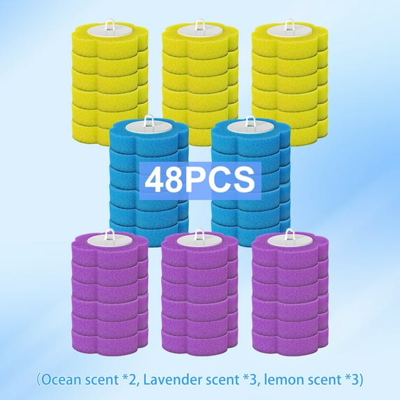 Lomyolo Disposable Toilet Brush with 24 Refills & No-Drill Adhesive Holder - Space Saving Wall Mounted Toilet Cleaning Kit, 3 Scents (Ocean, Lavender, Lemon) for Bathroom