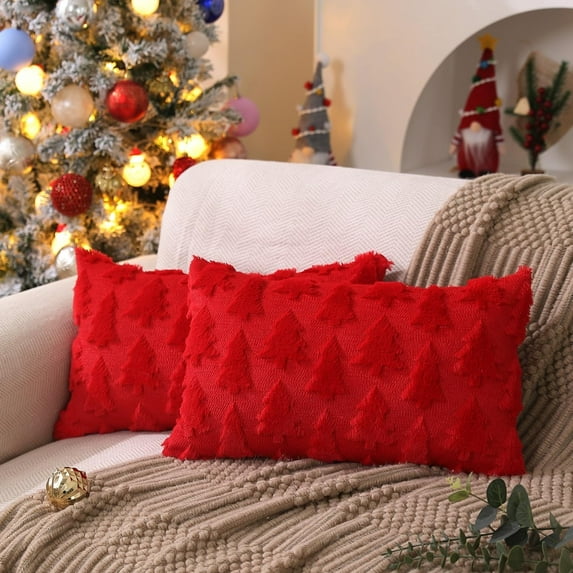 Lomyolo Farmhouse Decoration Christmas Tree Pillow Covers Pack of 2 - 12×20 Soft Faux Fuzzy Sofa Decorative Throw Cushions Cozy Fleece Fabric for Home Winter Holiday Christmas Decor