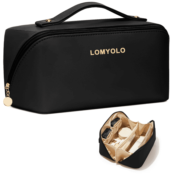 Lomyolo Large Capacity Makeup Bag for Women, 9.8L Waterproof Travel Cosmetic Organizer Toiletry Bag with Brush Pouch, Open Flat Toiletry Bag, Portable Lightweight Leather Cosmetic Bags - Black