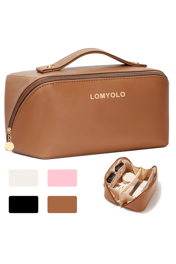 Large Capacity Makeup Bag for Women, 9.8L Waterproof Travel Cosmetic Organizer Toiletry Bag with Brush Pouch, Open Flat Toiletry Bag, Portable Lightweight Leather Cosmetic Bags -Brown