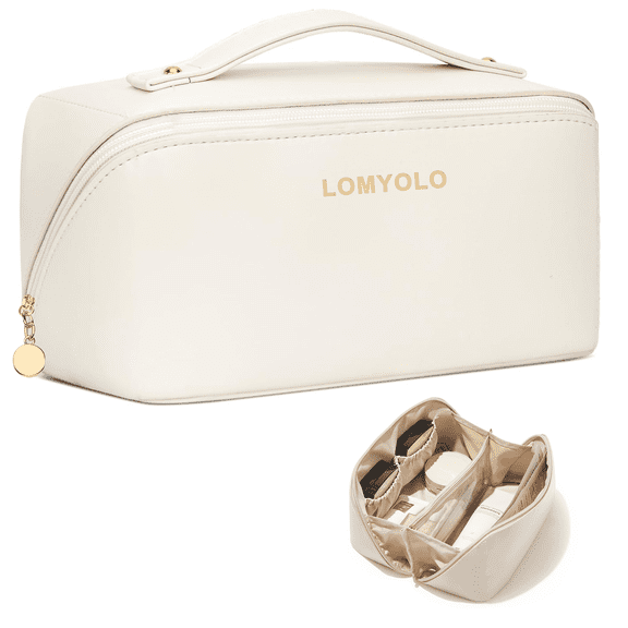 Lomyolo Large Capacity Makeup Bag for Women, 9.8L Waterproof Travel Cosmetic Organizer Toiletry Bag with Brush Pouch, Open Flat Toiletry Bag, Portable Lightweight Leather Cosmetic Bags - White