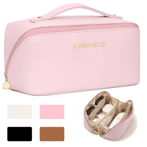 Lomyolo Large Capacity Makeup Bag for Women, 9.8L Waterproof Travel Cosmetic Organizer Toiletry Bag with Brush Pouch, Open Flat Toiletry Bag, Portable Lightweight Leather Cosmetic Bags - Pink