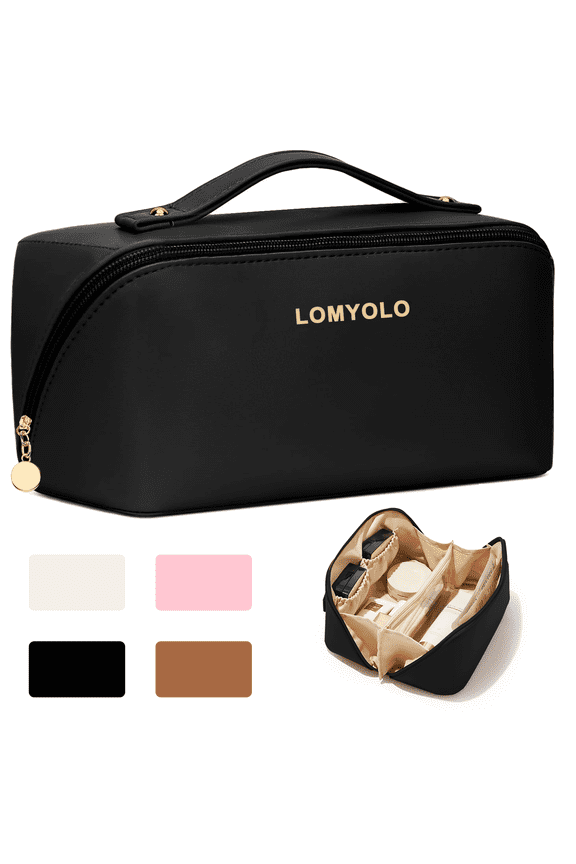 Large Capacity Makeup Bag for Women, 9.8L Waterproof Travel Cosmetic Organizer Toiletry Bag with Brush Pouch, Open Flat Toiletry Bag, Portable Lightweight Leather Cosmetic Bags - Black