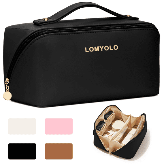 Lomyolo Large Capacity Makeup Bag for Women, 9.8L Waterproof Travel Cosmetic Organizer Toiletry Bag with Brush Pouch, Open Flat Toiletry Bag, Portable Lightweight Leather Cosmetic Bags - Black