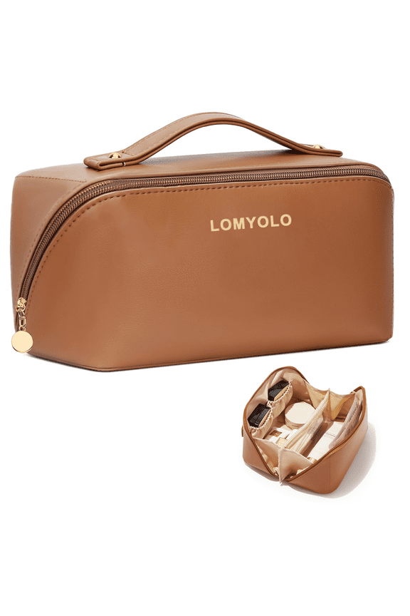 Large Capacity Makeup Bag for Women, 9.8L Waterproof Travel Cosmetic Organizer Toiletry Bag with Brush Pouch, Open Flat Toiletry Bag, Portable Lightweight Leather Cosmetic Bags -Brown