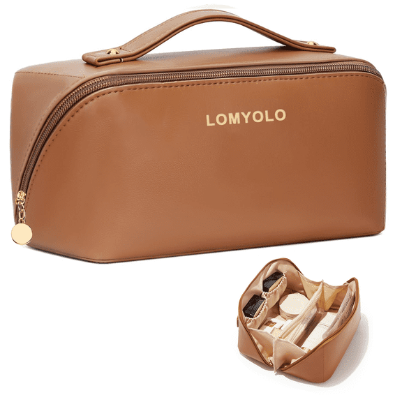 Lomyolo Large Capacity Makeup Bag for Women, 9.8L Waterproof Travel Cosmetic Organizer Toiletry Bag with Brush Pouch, Open Flat Toiletry Bag, Portable Lightweight Leather Cosmetic Bags -Brown