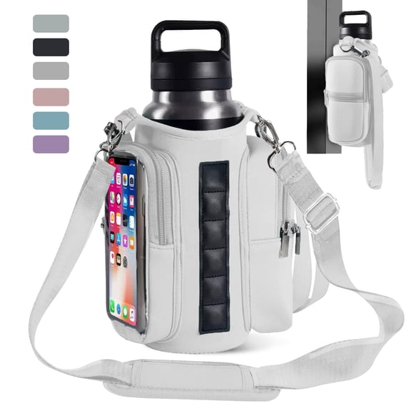 Lomyolo Magnetic Gym Bag Water Bottle Holder–Neoprene Carrier Sleeve with 6 Built-in Magnets & Phone Pockets | Adjustable Strap Gym Accessories Organizer for Fitness,Outdoor,Hiking Men Women-White