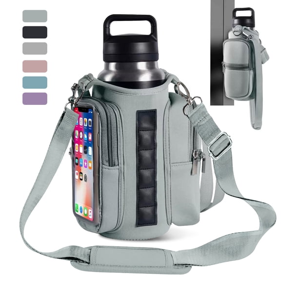 Lomyolo Magnetic Gym Bag Water Bottle Holder–Neoprene Carrier Sleeve with 6 Built-in Magnets & Phone Pockets | Adjustable Strap Gym Accessories Organizer for Fitness,Outdoor,Hiking Men Women-Gray