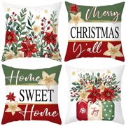 Lomyolo Merry Christmas Throw Pillow Covers Set of 4, 18x18 Inch Red Holiday Cushion Cases with Reindeer & Tree Print, Soft Xmas Decorations for Couch, Sofa, Winter Home Decor Gift
