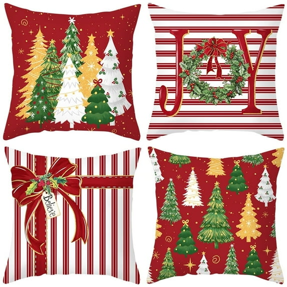 Lomyolo Merry Christmas Throw Pillow Covers Set of 4, 18x18 Inch Red Holiday Cushion Cases with Reindeer & Tree Print, Soft Xmas Decorations for Couch, Sofa, Winter Home Decor Gift