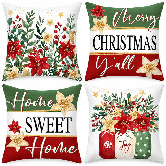 Lomyolo Merry Christmas Throw Pillow Covers Set of 4, 18x18 Inch Red Holiday Cushion Cases with Reindeer & Tree Print, Soft Xmas Decorations for Couch, Sofa, Winter Home Decor Gift