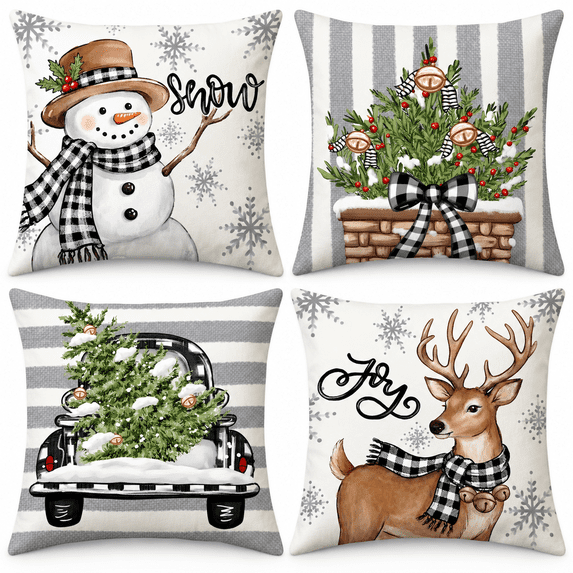Lomyolo Merry Christmas Throw Pillow Covers Set of 4, 18x18 Inch Red Holiday Cushion Cases with Reindeer & Tree Print, Soft Xmas Decorations for Couch, Sofa, Winter Home Decor Gift