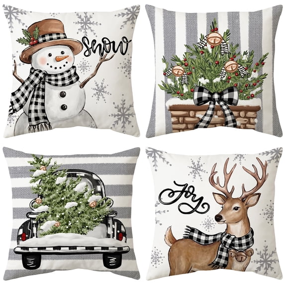 Lomyolo Merry Christmas Throw Pillow Covers Set of 4, 18x18 Inch Red Holiday Cushion Cases with Reindeer & Tree Print, Soft Xmas Decorations for Couch, Sofa, Winter Home Decor Gift