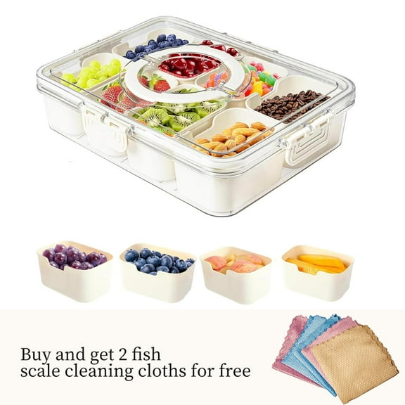 Portable Snack Box Container with Lid and Handle, Divider Tray, Transparent Travel Storage Box, 8-Compartment Snack Box, Adult Snack Box, Fruit, Vegetable, Candy - Lake Blue