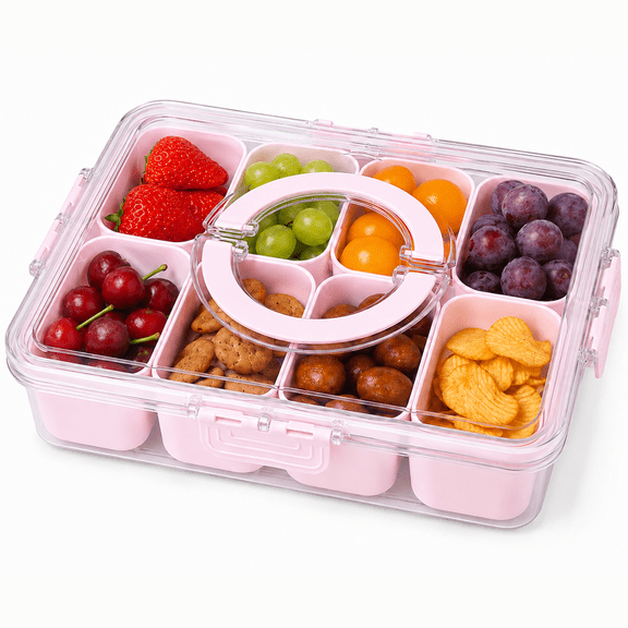 LOMYOLO 8 Compartment Divided Serving Tray with Lid and Handle, Portable Snack Box with Removable Cups for Fruit, Veggies, Candy, Nuts & Crackers, Party, Picnic & Road Trip - PINK