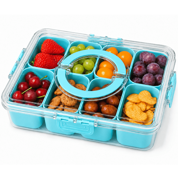 LOMYOLO 8 Compartment Divided Serving Tray with Lid and Handle, Portable Snack Box with Removable Cups for Fruit, Veggies, Candy, Nuts & Crackers, Party, Picnic & Road Trip - Lake Blue