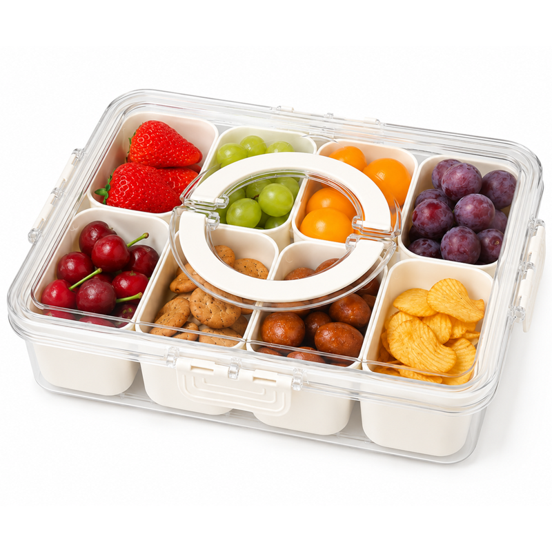 LOMYOLO 8 Compartment Divided Serving Tray with Lid and Handle, Portable Snack Box with Removable Cups for Fruit, Veggies, Candy, Nuts & Crackers, Party, Picnic & Road Trip - WHITE