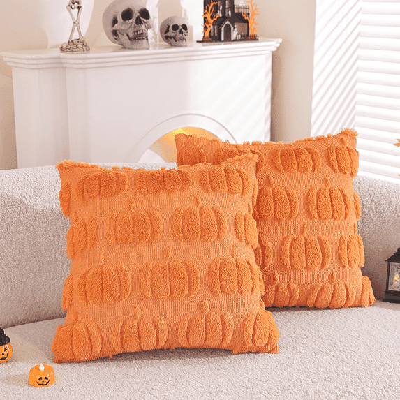 Lomyolo Pumpkin Fall Pillowcase Set of 2- 18x18Inch Soft Fluffy Rust Throw Pillow Covers for Couch, Sofa, Bed - Halloween Thanksgiving Autumn Farmhouse Home Decorative Cushion Covers-Orange