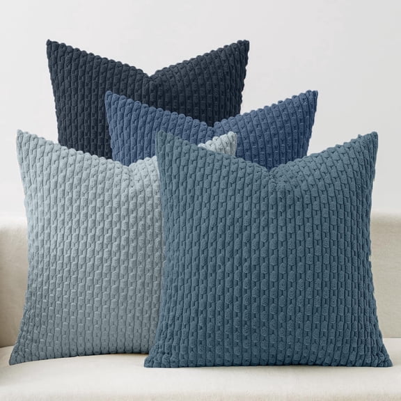 Lomyolo Set of 4 18x18 Inch Corduroy Decorative Throw Pillow Covers - Neutral Striped Soft Cushion Cases for Couch, Sofa, Living Room, Bed & Farmhouse Boho Style Pillow Covers