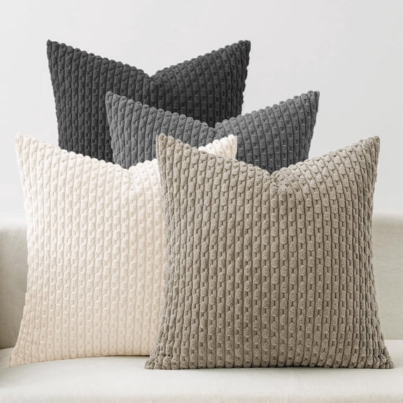 Lomyolo Set of 4 18x18 Inch Corduroy Decorative Throw Pillow Covers - Neutral Striped Soft Cushion Cases for Couch, Sofa, Living Room, Bed & Farmhouse Boho Style Pillow Covers