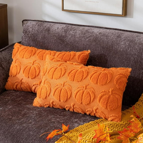 Lomyolo Throw Pillow Covers Pumpkin Fall Decorative Soft Faux Fur Pillow Covers for Autumn Harvest Fluffy Plush Accent Pillow Cases for Farmhouse Couch Cushion Covers 2 Pack