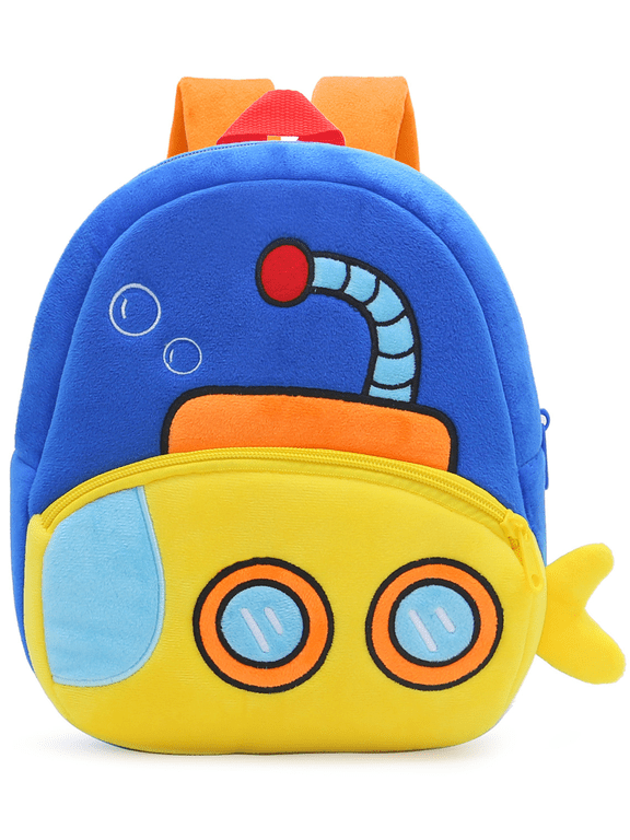 Kids Backpack for Boys Girls 2-6 Years | Cute Cartoon Car Shaped Backpack, Plush Soft Mini Travel Bag for Kids | Machine Washable - Submarine