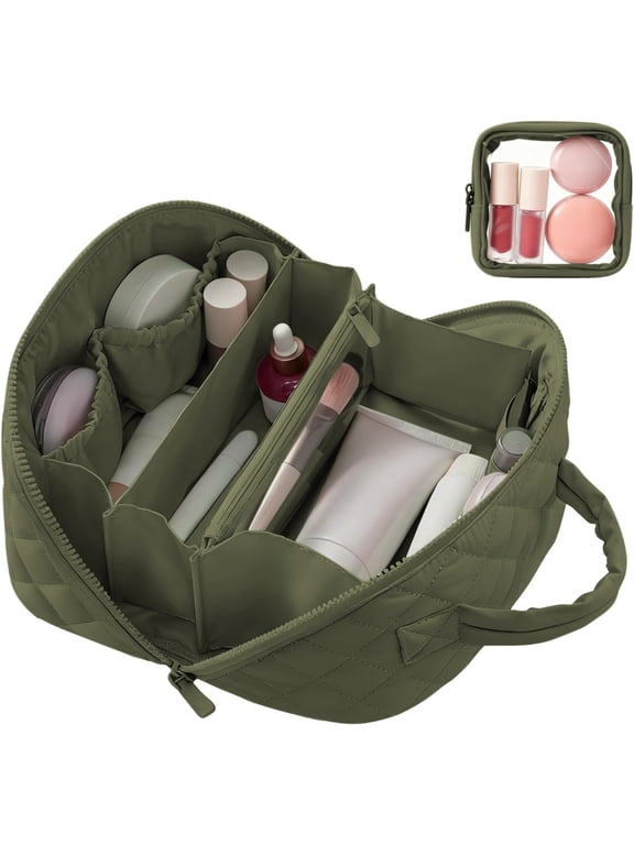 Travel Makeup Bag for Women, 2Pcs Puffer Cosmetic Bags Large Capacity, Toiletry Bag Waterproof Portable, Wide Open Cosmetic Organizer Pouch with Compartments for Toiletries & Brushes-GREEN