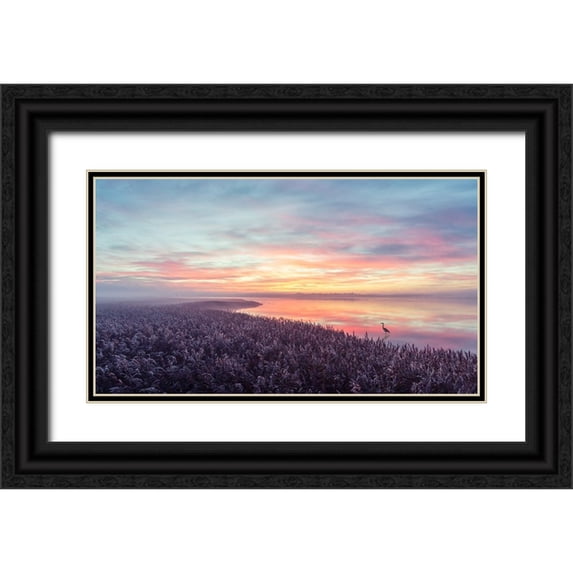Londal, Leif 18x12 Black Ornate Wood Framed with Double Matting Museum Art Print Titled - The herons morning view.