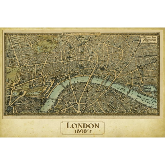 London 1890s Vintage Map Print, Unframed Paper Poster 8x10in