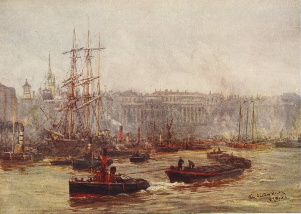 London 1910 Custom House & Billingsgate Canvas Art - William Wyllie (24 x 36)