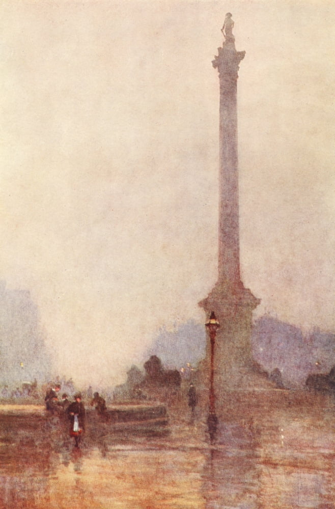 London 1910 Nelsons Column in a fog Canvas Art - Rose Barton (24 x 36)