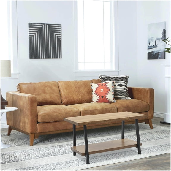 London 39" Solid Wood Coffee Table, Rustic Walnut Cocktail Table with Lower Shelf for Living Room
