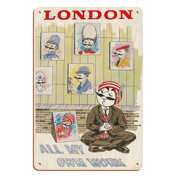 London - All My Own Work - Maharajah Mascot Portraits - Air India - Vintage Airline Travel Poster c.1940s - 8 x 12 inch Vintage Wood Art Sign