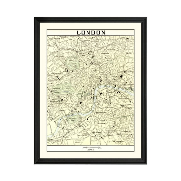 London Art, 1901 Vintage Map of London England History Wall Decor Gift, Old London Map - 24" x 36" Black Framed Print