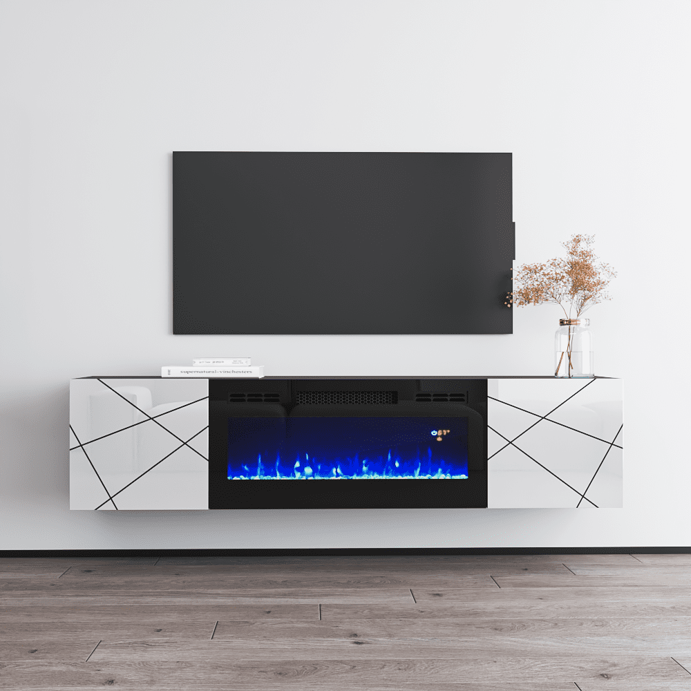 London BL-EF Fireplace TV Stand for TVs up to 70", Modern High Gloss 63" Entertainment Center, Electric Fireplace TV Media Console with Storage Cabinets
