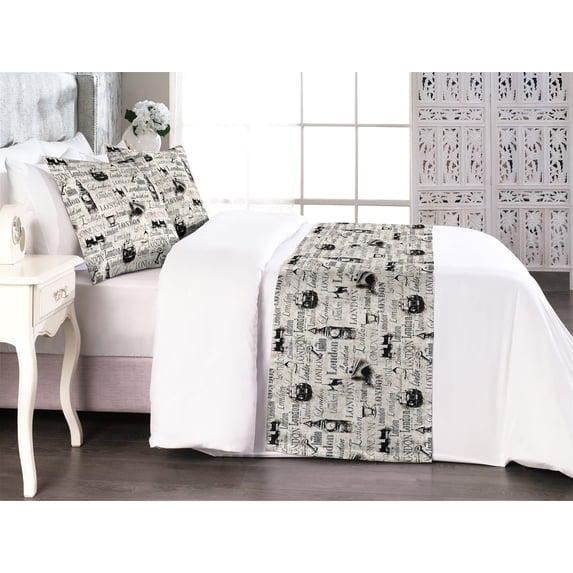 London Bed Runner Set, Vintage Lettering Big Ben British Landmarks Weathered Historic Themed, Decorative Bedding Scarf & 2 Pillow Shams for Hotels Homes, Queen, Eggshell Charcoal Grey, by Ambesonne