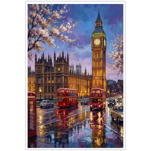 London Big Ben Canvas Wall Art British Cityscape Painting Cherry Blossoms Double Decker Bus Telephone Booth Home Decor for Living Room Bedroom