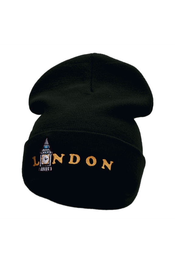 London Big Ben Embroidered 12 Inch Long Knitted Beanie - Black OSFM