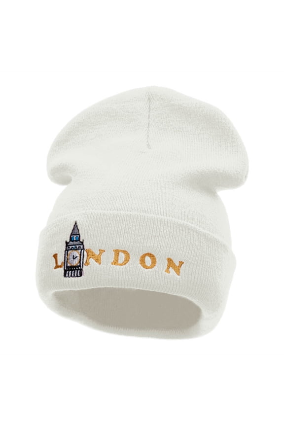 London Big Ben Embroidered 12 Inch Long Knitted Beanie - White OSFM