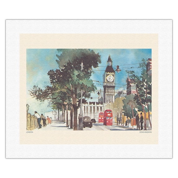 London - Big Ben - Pan American World Airways - Vintage Airline Travel Poster by Dong Kingman - Fine Art Rolled Canvas Print 16in x 20in