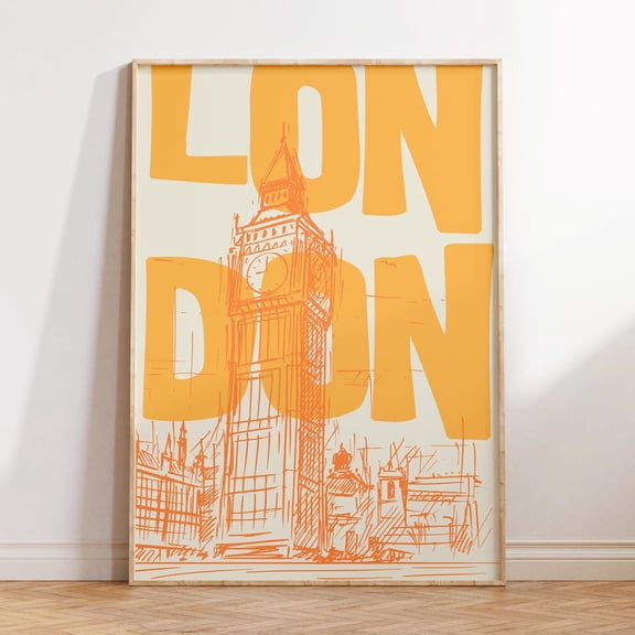 London Big Ben Poster: Orange Modern Cityscape UNFRAMED PAPER POSTER, Home Decor, Vintage Gift, Living Room Dercor